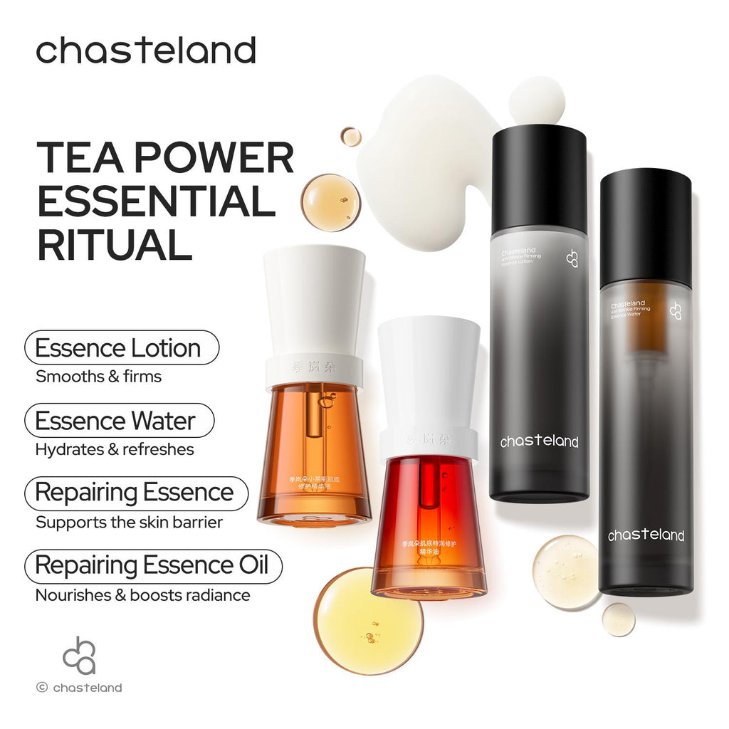 The Chasteland 4-Piece Set (featuring essence, facial treatment oil, toning lotion, etc. brightens and firms the skin, repairs the moisture barrier, soothes sensitivity, and helps prevent dullness and signs of aging—making it an ideal gift Korean skincare