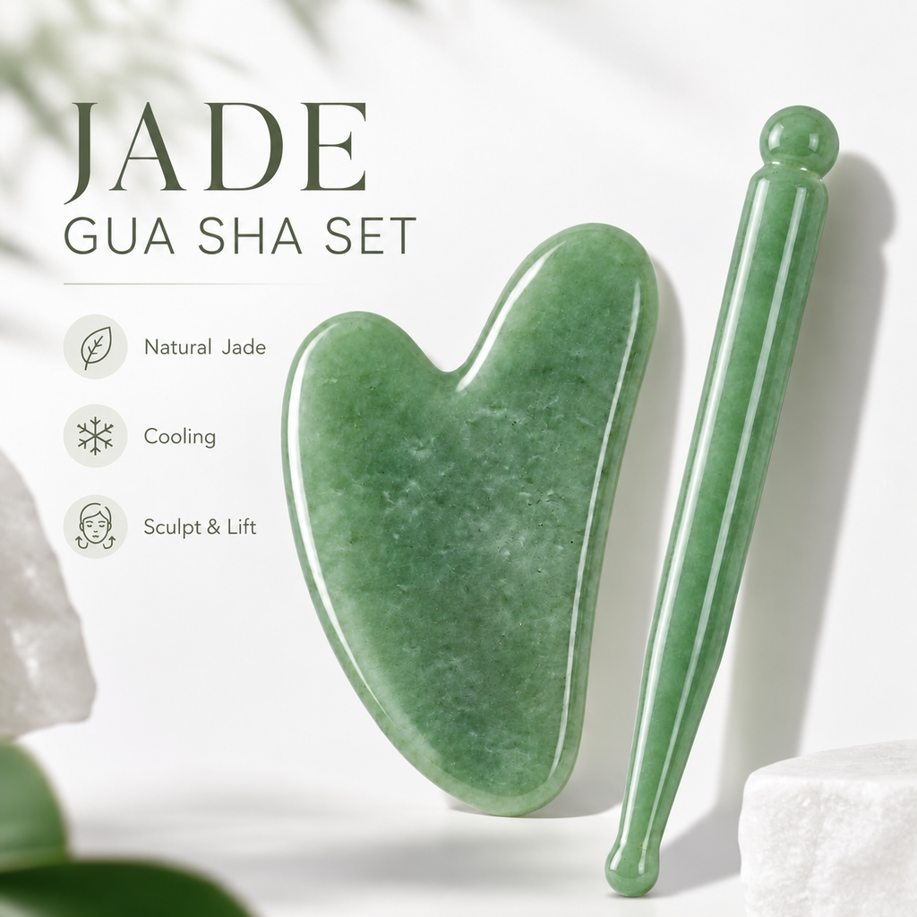 Premium natural jade facial Gua Sha tool bringing radiance look, face lifting, removing fine lines, suitable for facial or body massage. Relieves tension and enables acupressure massage; ideal for body care, gift for mom and travel.