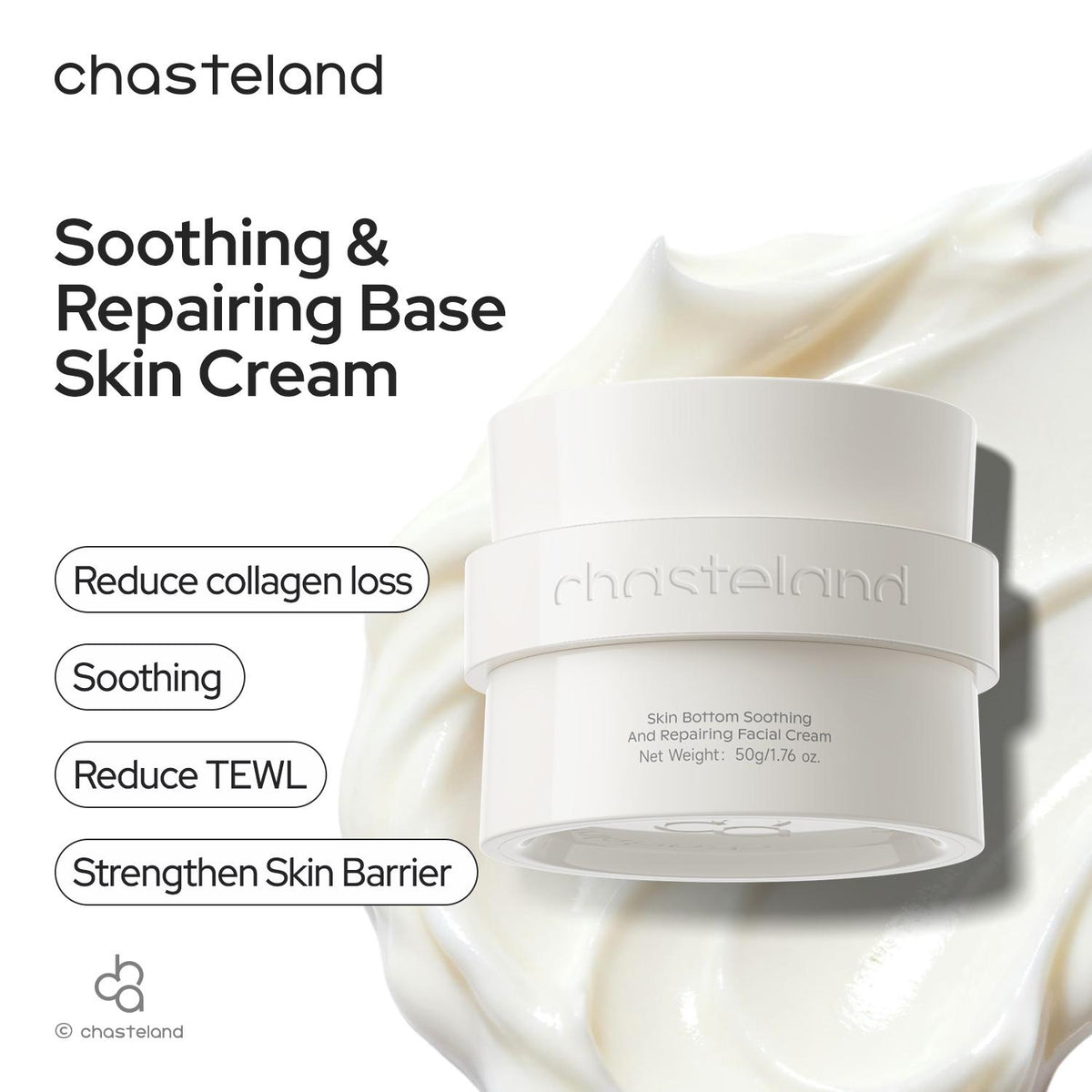 Chasteland Repairing Cream: Soothing, hydrating, and gentle—the top choice for sensitive skin. Wrinkle care that alleviates sensitivity while infusing sagging skin with plump elasticity; a premium at-home spa ritual.Korean skincare