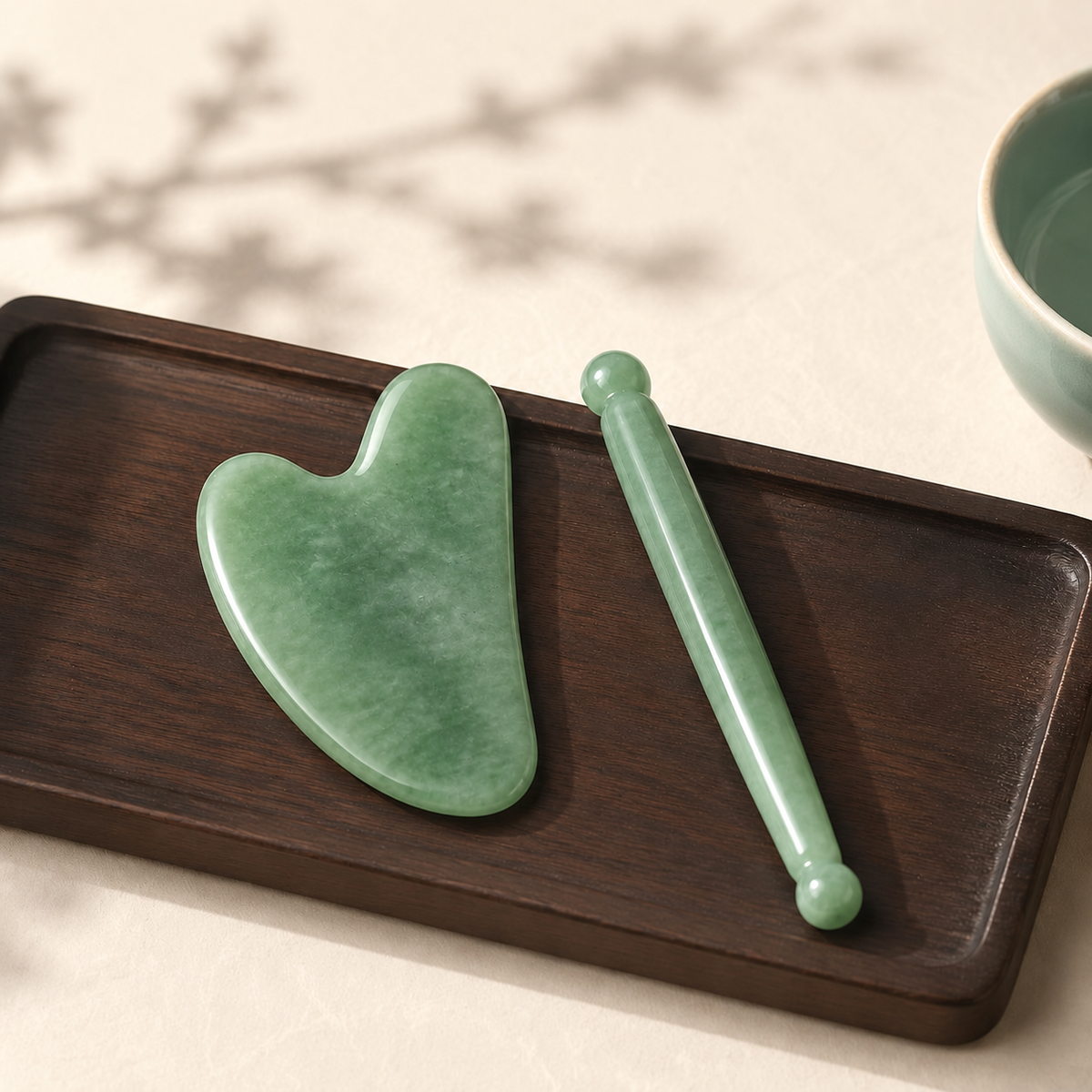 Premium natural jade facial Gua Sha tool bringing radiance look, face lifting, removing fine lines, suitable for facial or body massage. Relieves tension and enables acupressure massage; ideal for body care, gift for mom and travel.