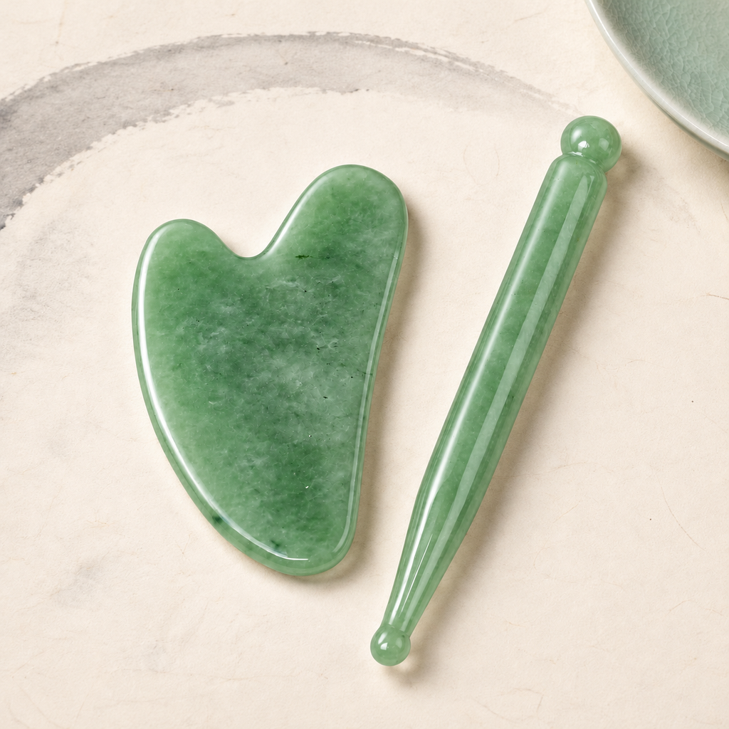 Premium natural jade facial Gua Sha tool bringing radiance look, face lifting, removing fine lines, suitable for facial or body massage. Relieves tension and enables acupressure massage; ideal for body care, gift for mom and travel.