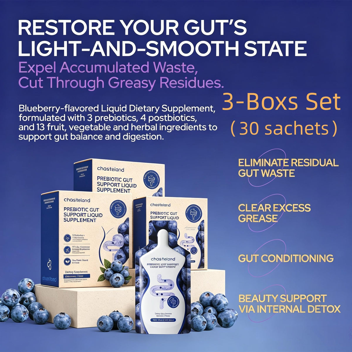 Prebiotic + Postbiotic Liquid Gut Detox – 13 Fruit & Veggie Fibers, No Laxatives, Blueberry Sachets for Debloating & Digestive Balance