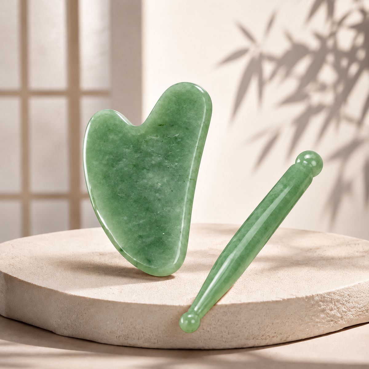Premium natural jade facial Gua Sha tool bringing radiance look, face lifting, removing fine lines, suitable for facial or body massage. Relieves tension and enables acupressure massage; ideal for body care, gift for mom and travel.