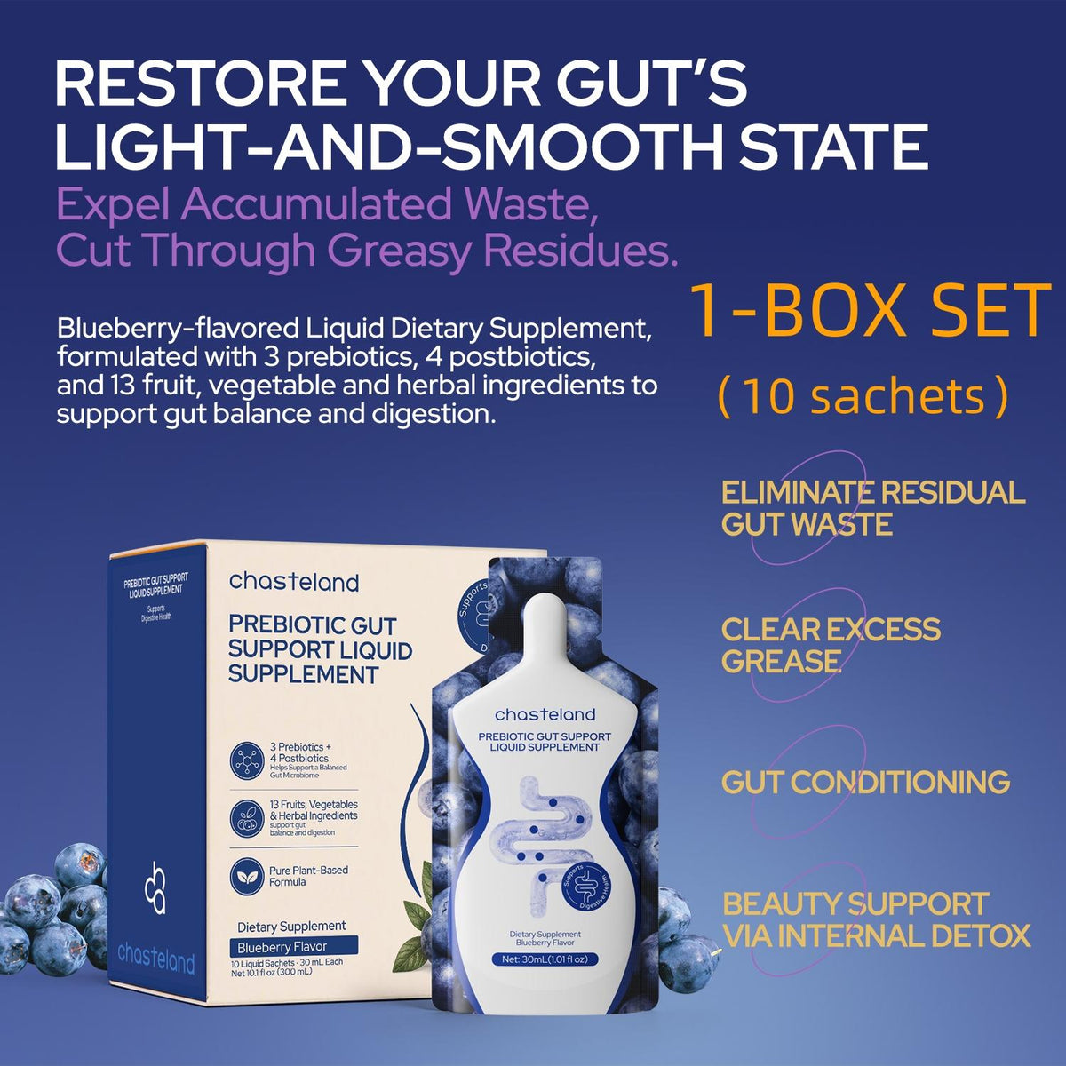 Prebiotic + Postbiotic Liquid Gut Detox – 13 Fruit & Veggie Fibers, No Laxatives, Blueberry Sachets for Debloating & Digestive Balance