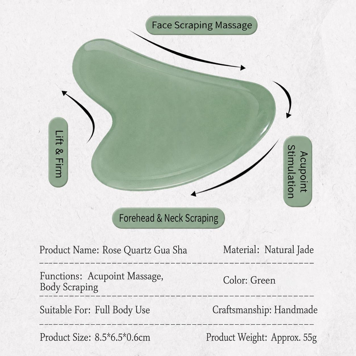 Premium natural jade facial Gua Sha tool bringing radiance look, face lifting, removing fine lines, suitable for facial or body massage. Relieves tension and enables acupressure massage; ideal for body care, gift for mom and travel.