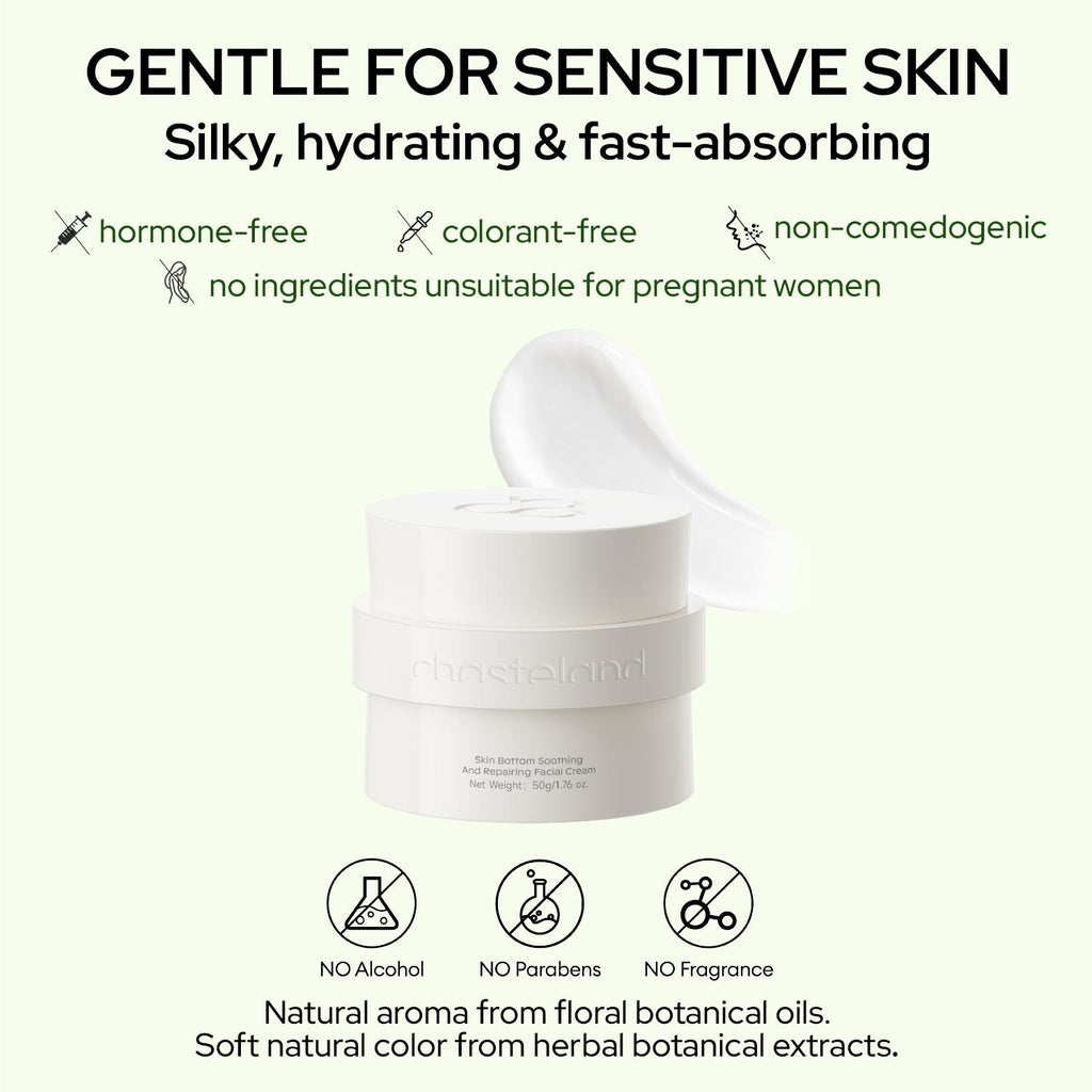 Chasteland Repairing Cream: Soothing, hydrating, and gentle—the top choice for sensitive skin. Wrinkle care that alleviates sensitivity while infusing sagging skin with plump elasticity; a premium at-home spa ritual.Korean skincare