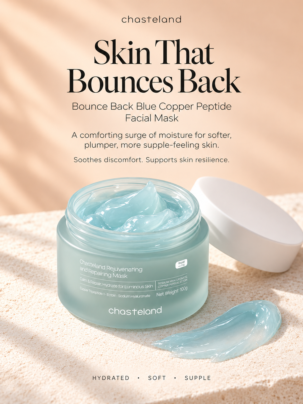 2-Box Chasteland Bounce Back Blue Copper Peptide Facial Mask 8hr continuous hydrating, soothing, relieves irritation & strengthens skin resilience